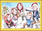 winter family cartoon portrait, caricature