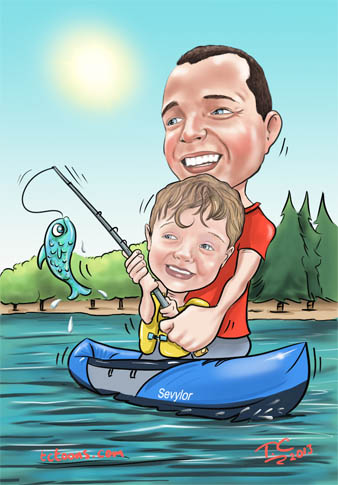 digital_caricature_father_son_fishing_cartoon